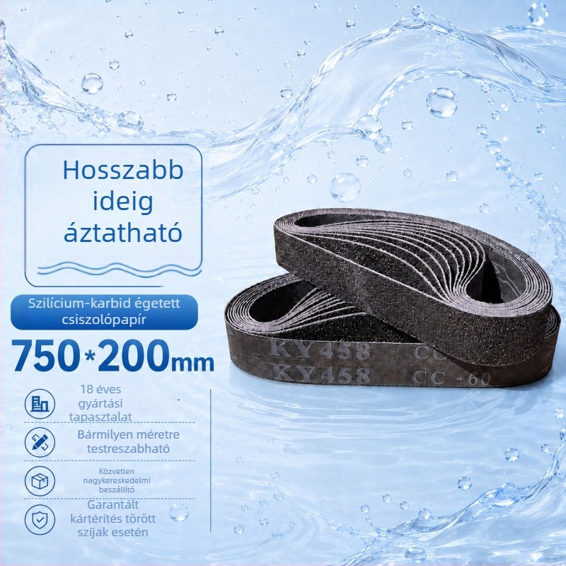 Szilícium-karbid vizes csiszoló szalag 750x200 mm, kopásálló fekete KY458 fém polírozáshoz