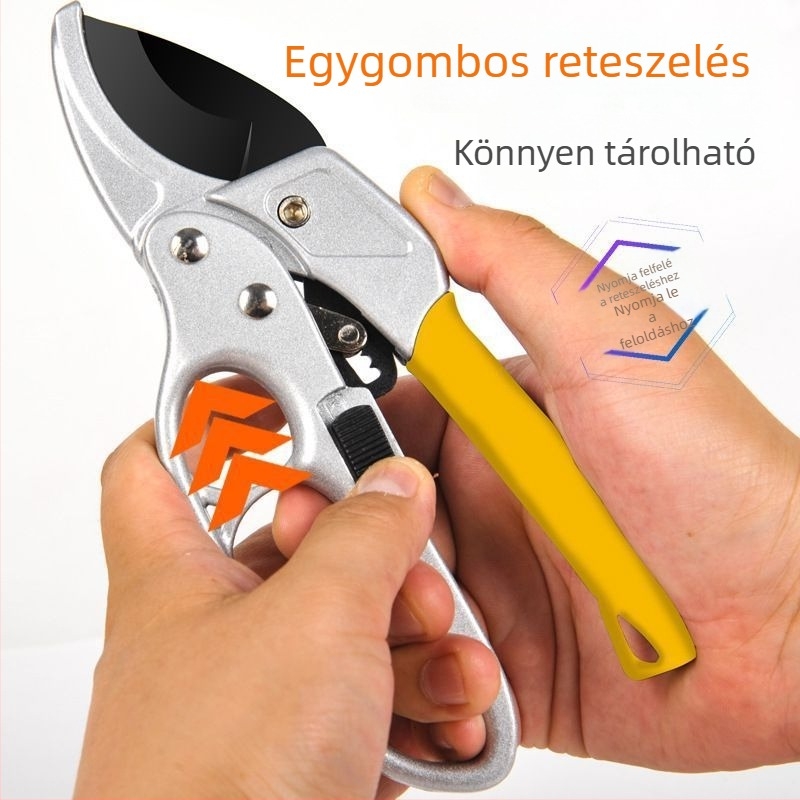 Többfunkciós gyümölcsfa metszőolló, erősegített működés, teflonbevonatú vastag ágakhoz, szegmentált erősegített metszőolló