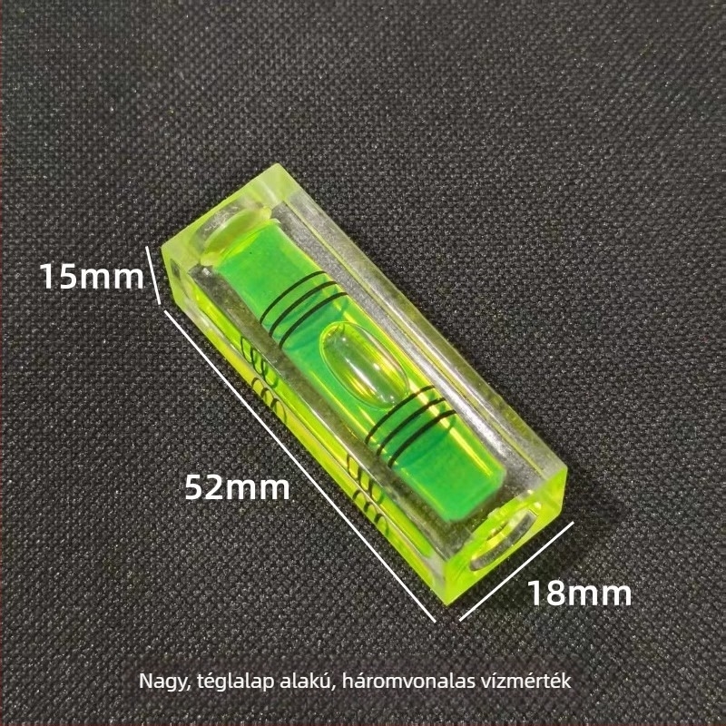 Nagy méretű, téglalap alakú buborékos vízszint, mikrobalansz zöld csővel és háromvonalas szinttel, mini vonalzó
