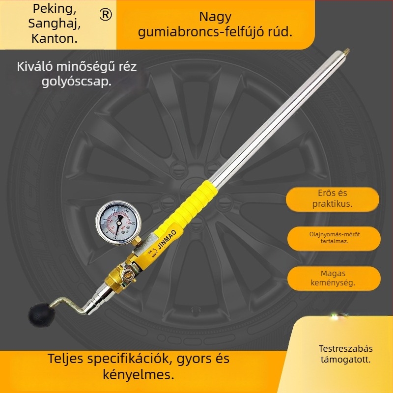 Kézzel hajtott gumiabroncs-fújó rúd, gyors felfúváshoz, kiürítőszeleppel és nyomásmérővel