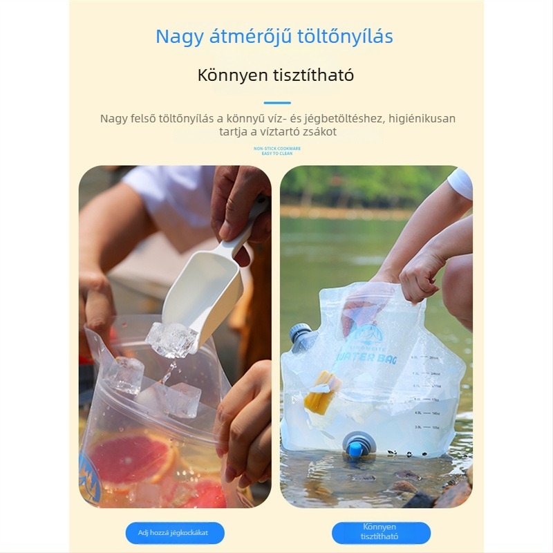 Szabadban használható nagy kapacitású víztartó zsák, hordozható összecsukható víztároló táska kempinghez