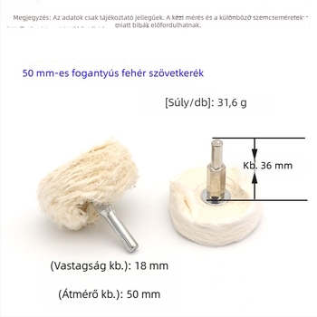 T-alakú fogantyúval fehér polírozó szövet korong fényes fém tükröző felülettel; viaszoló és polírozó szövet korong, pamut velúr anyagból; 6 mm tengely.
