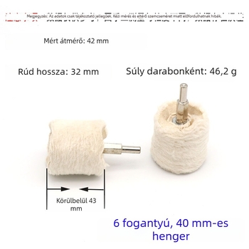 T-alakú fogantyúval fehér polírozó szövet korong fényes fém tükröző felülettel; viaszoló és polírozó szövet korong, pamut velúr anyagból; 6 mm tengely.