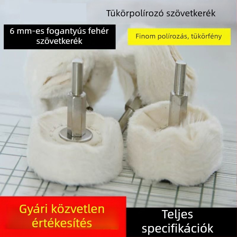 T-alakú fogantyúval fehér polírozó szövet korong fényes fém tükröző felülettel; viaszoló és polírozó szövet korong, pamut velúr anyagból; 6 mm tengely.