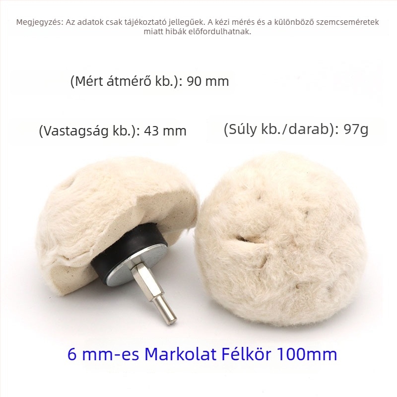 T-alakú fogantyúval fehér polírozó szövet korong fényes fém tükröző felülettel; viaszoló és polírozó szövet korong, pamut velúr anyagból; 6 mm tengely.