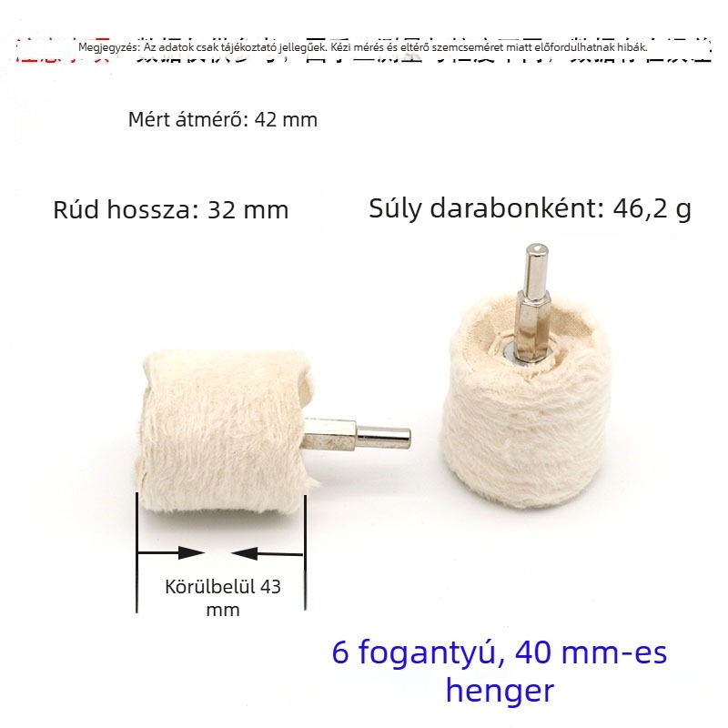 T-alakú fogantyúval fehér polírozó szövet korong fényes fém tükröző felülettel; viaszoló és polírozó szövet korong, pamut velúr anyagból; 6 mm tengely.