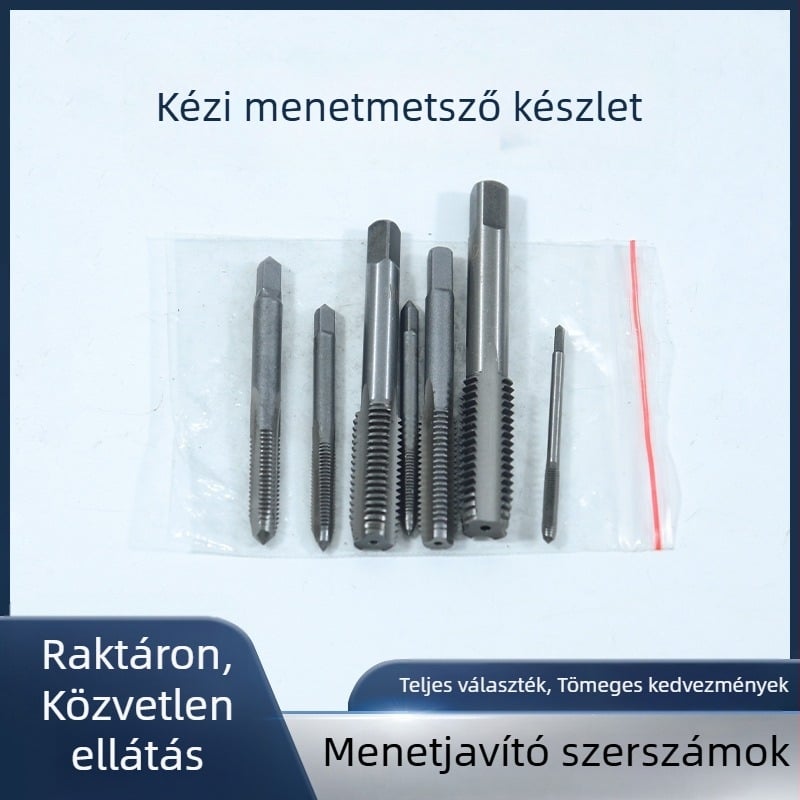 M3–M12 hét darabos kézi menetmetsző készlet belső menetekhez, négyszögletes nyél és egyenes hornyák