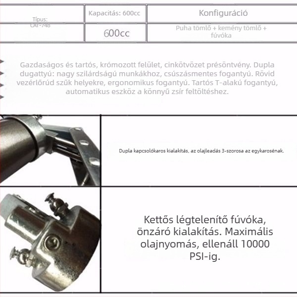 HCAT kézi zsírzópisztoly 500cc, duplapumpás rúdtípus, nagy nyomású, mechanikus kenés