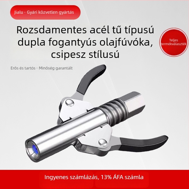 Rozsdamentes acélból készült, dupla fogantyúval és zárható csipesz-stílusú zsírzópisztoly-nyílás, önzáró, kézi, pneumatikus és elektromos használathoz