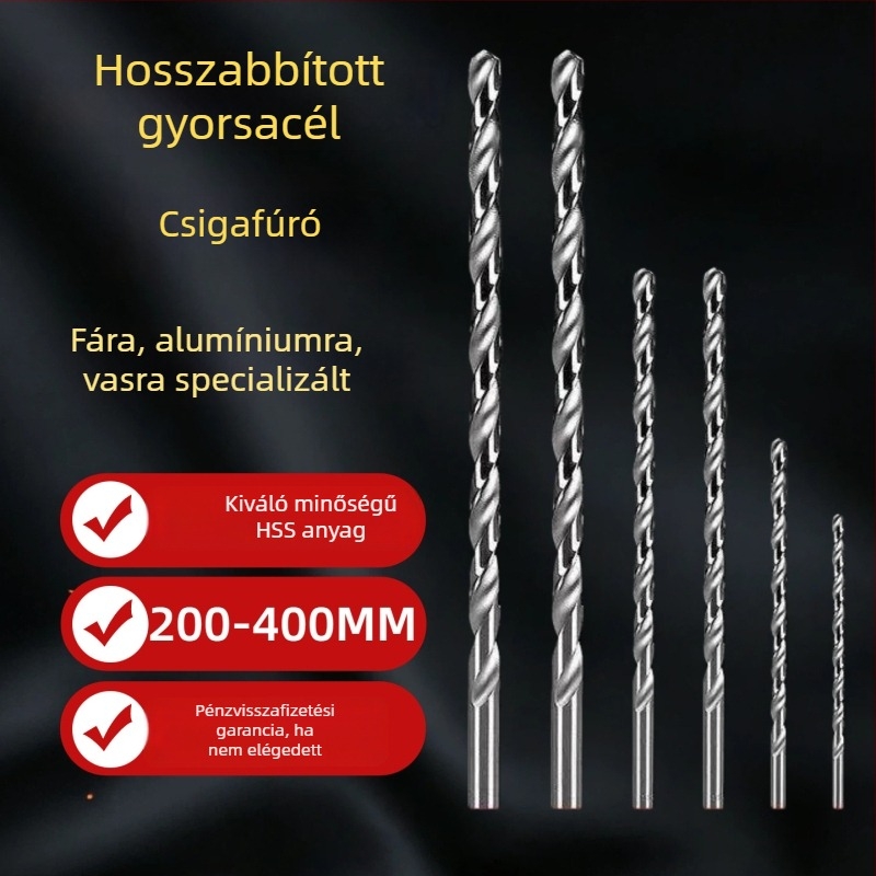 HSS gyorsacél spirálfúró, egyenes nyelű, hosszabbító fúró, vas, műanyag, fa és akril fúrásához, 160-400 mm