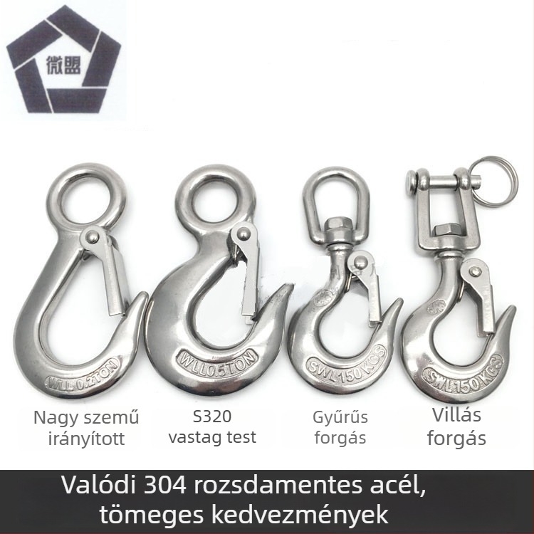 304 rozsdamentes acél, amerikai stílusú teherhorgony emeléséhez, nagy szem, vastag test, univerzális markolóhorog, leesés elleni megoldás