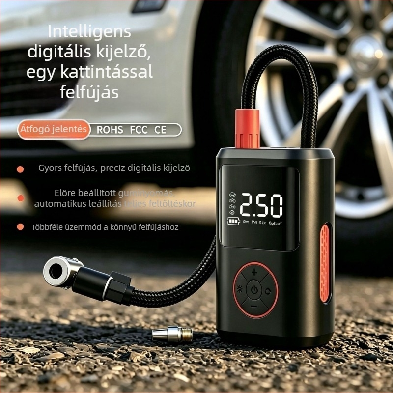 Vezeték nélküli autópumpa, hordozható, multifunkcionális keréknyomás-pumpa elektromos autókhoz, LED kijelző, automatikus kikapcsolás, USB töltés