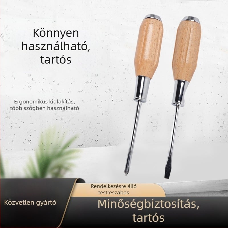 Fából készült markolatú, krómozott körös tengellyel rendelkező többfunkciós csavarhúzó – Phillips és lapos fejű