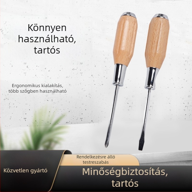Fából készült markolatú, krómozott körös tengellyel rendelkező többfunkciós csavarhúzó – Phillips és lapos fejű