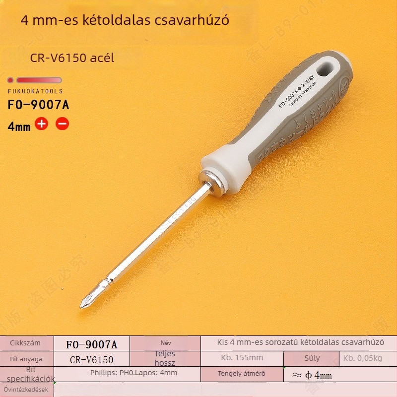 Fukuoka FO-9007A kettős funkciójú csavarhúzó PH0 kereszthornnyal és 4 mm-es lapos fejjel, háztartási használatra