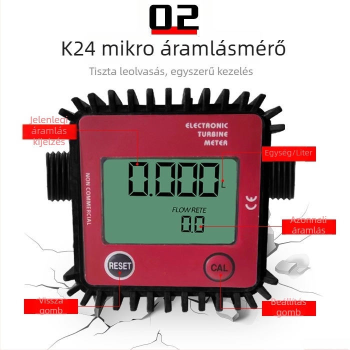 K24 turbinás áramlásmérő digitális kijelzővel dízel, benzin, metanol, kerosene és víz számára - mérési tartomány 0.3-1.2, 4-utas áramlásmérő