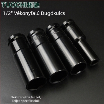 1/2 hüvelykes hosszabbított, fekete elektroforetikus bevonatú dugókulcs, vékony falú hatszög fej, kézi és elektromos használathoz