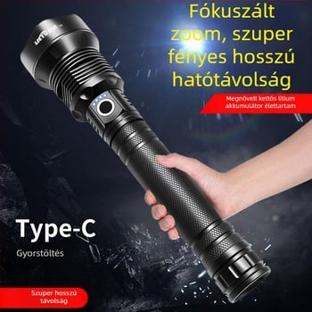 Hosszú hatótávolságú négymagos, nagy teljesítményű ultrabillám-lámpa zoom funkcióval, két akkumulátorral újratölthető, kültéri hosszú távolság megvilágításához
