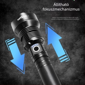 Hosszú hatótávolságú négymagos, nagy teljesítményű ultrabillám-lámpa zoom funkcióval, két akkumulátorral újratölthető, kültéri hosszú távolság megvilágításához