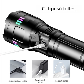 50W alumíniumötvözetes lámpa fehér lézerrel, zoom, 500 m hatótáv, USB töltés, 4800mAh akkumulátor, power bank funkció, 360° forgó fej