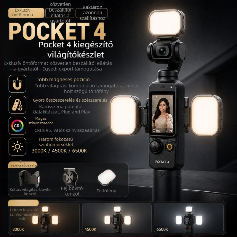 DJI Pocket 4 mágneses fénykészlet, három színhőmérséklettel, hordozható sminkfény akciókamerákhoz