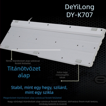 Deyilong DY-M707 RGB háttérvilágítású gamer billentyűzet, kábeles, 104 gomb, acéllemez