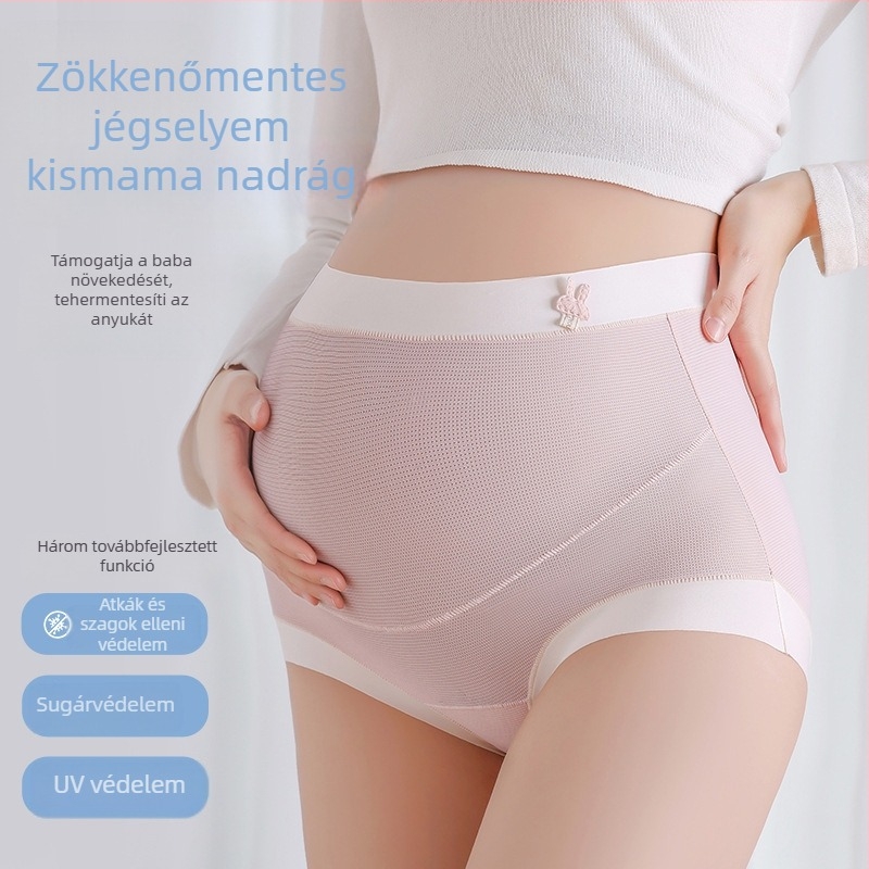 Terhes nőknek szánt fehérnemű, magas derekú, nagyon rugalmas, nylonból, pamut bélés a szemérem környékén, antibakteriális, hosszított ágyékkal, minden terhességi szakaszhoz
