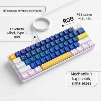 K61 61‑gombos mechanikus billentyűzet kék, piros, barna és fekete kapcsolókkal, leválasztható Type-C kábel, RGB világítás, játékhoz