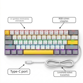 K61 61‑gombos mechanikus billentyűzet kék, piros, barna és fekete kapcsolókkal, leválasztható Type-C kábel, RGB világítás, játékhoz