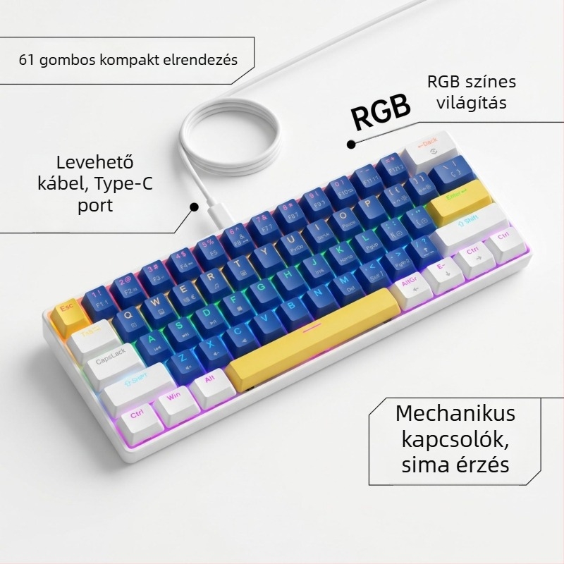 K61 61‑gombos mechanikus billentyűzet kék, piros, barna és fekete kapcsolókkal, leválasztható Type-C kábel, RGB világítás, játékhoz
