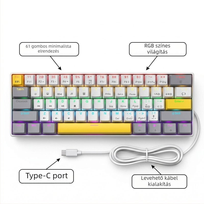 K61 61‑gombos mechanikus billentyűzet kék, piros, barna és fekete kapcsolókkal, leválasztható Type-C kábel, RGB világítás, játékhoz