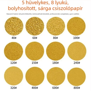 5 hüvelykes, 8 lyukas száraz csiszoló flocking korong autófesték polírozáshoz; sárga abrazív korong pneumatikus öntapadós hátfallal