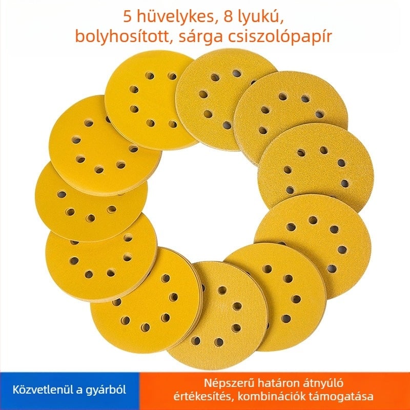 5 hüvelykes, 8 lyukas száraz csiszoló flocking korong autófesték polírozáshoz; sárga abrazív korong pneumatikus öntapadós hátfallal