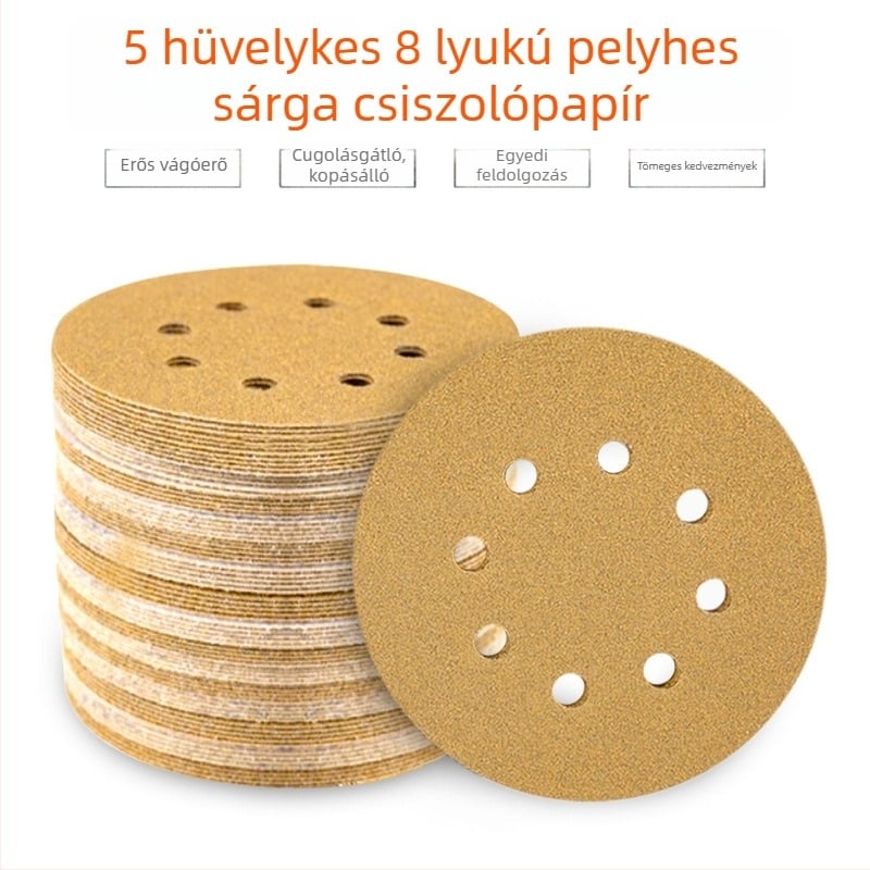 5 hüvelykes, 8 lyukas száraz csiszoló flocking korong autófesték polírozáshoz; sárga abrazív korong pneumatikus öntapadós hátfallal