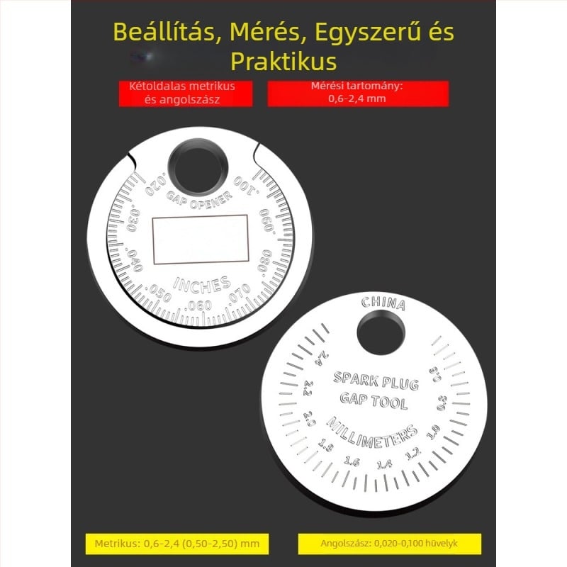 Autókhoz és motorkerékpárokhoz készült gyújtógyertya hézag beállító eszköz, érme alakú mérő 0,6–2,4 mm