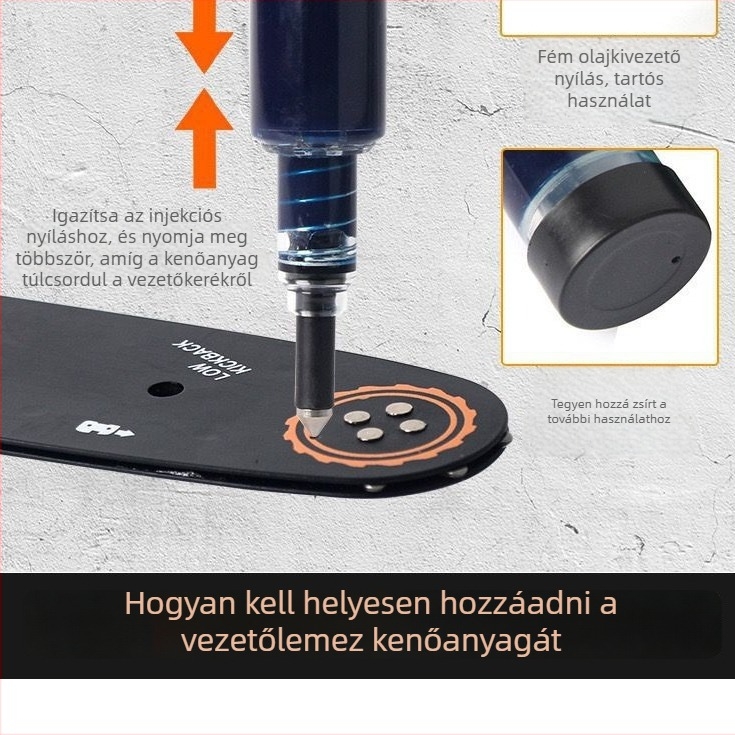 Kézi kenőpisztoly láncfűrész vezető sínjének kenésére, hordozható otthoni használatra