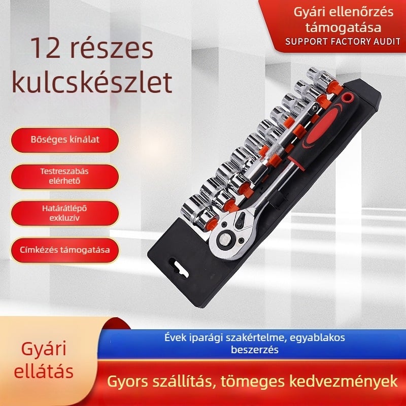 12 részes racsnis kulcs készlet háztartási és autójavításhoz, fejfejekkel