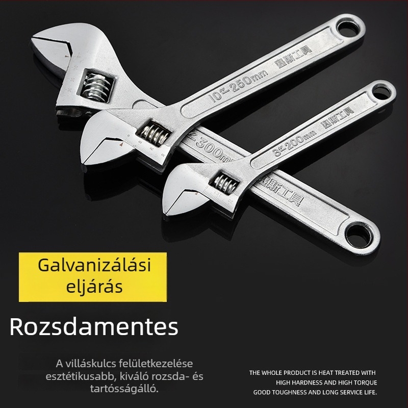 Ipari kategóriájú állítható csavarkulcs széles nyílással, elektrogalvanizált felület, több méretben