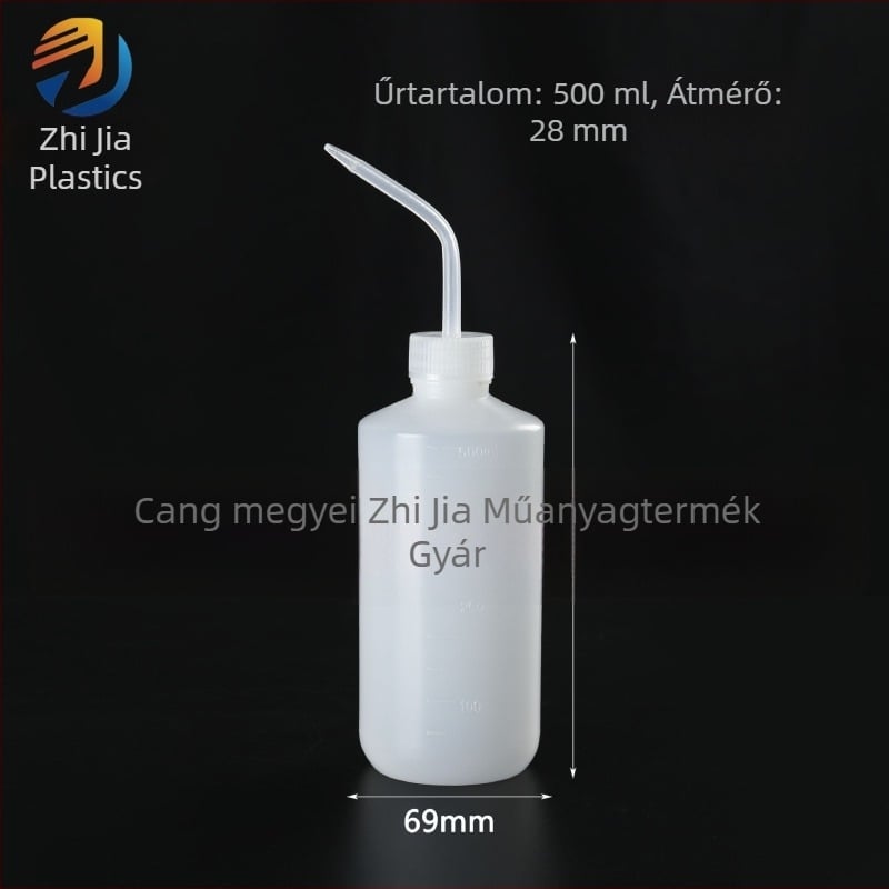 Laboratóriumi műanyag hajlított szájú mosópalack, fehér, 250 ml/500 ml, mérőskálával