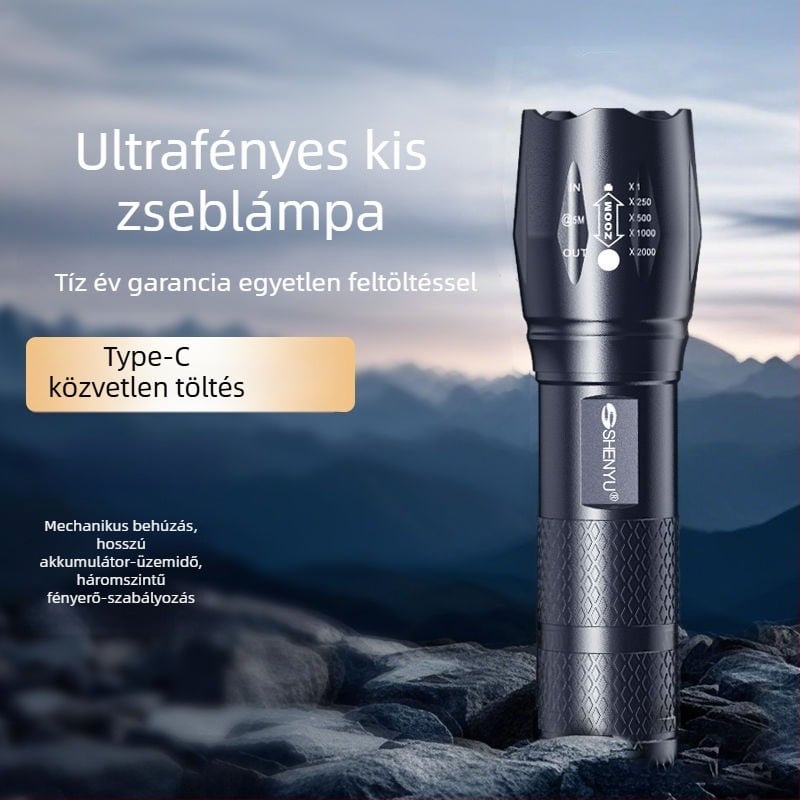 T6 Zoom elemlámpa – kompakt, rendkívül fényes LED, hosszú hatótávolsággal, újratölthető, kültéri és otthoni használatra.