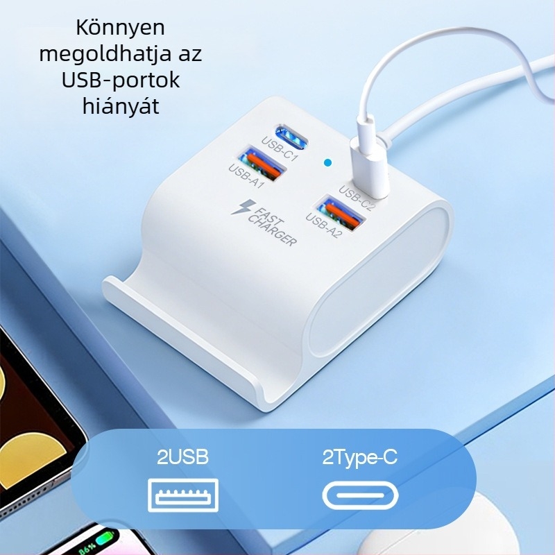 USB 3.1 4-poros töltő hub telefon-tartóval