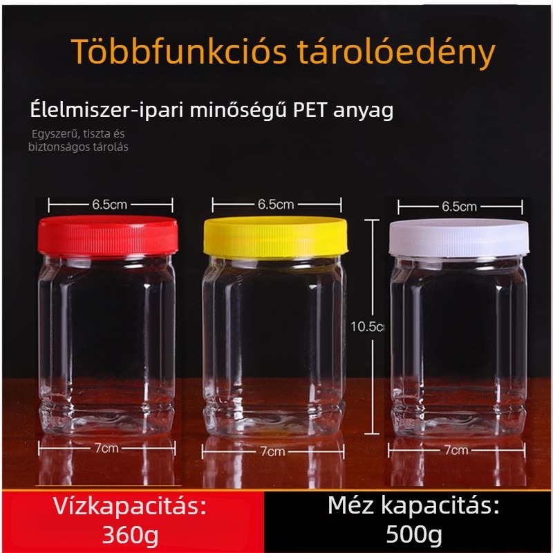 Széles nyakú műanyag mézüveg készlet, négyszögletes és kerek formájú, 360 ml kapacitású mindkettő, belső kupakkal, PET, kupak PP