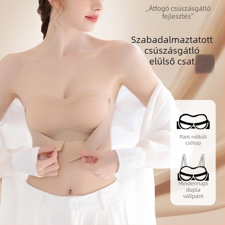 Váll nélküli bandeau melltartó nőknek, csúszásmentes, push-up, láthatatlan, varrat nélküli, hátat formázó, expozíció elleni védelem, szexi