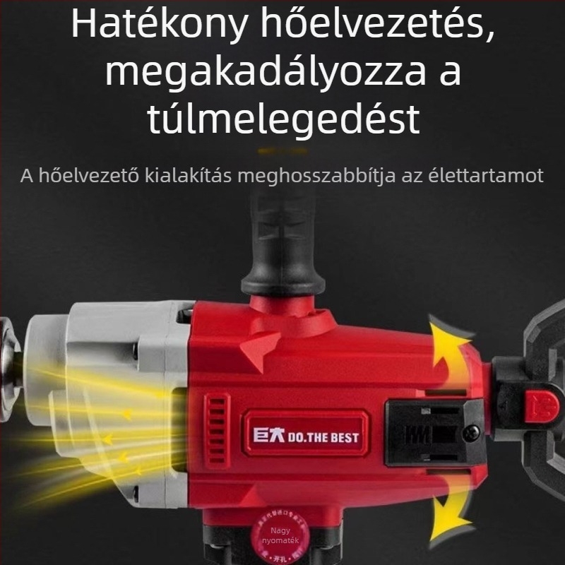 Nagy teljesítményű kézi fúró-keverő lépcsőmentes sebességszabályozással, 16 mm-es tok, vakolat, gitt, festék és habarcs keverésére