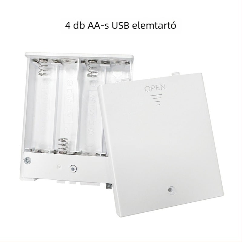 Fehér 4 AA-s elemtartó, 6V soros üzem, USB-kimenetű tápegység doboz játék LED-szalagokhoz