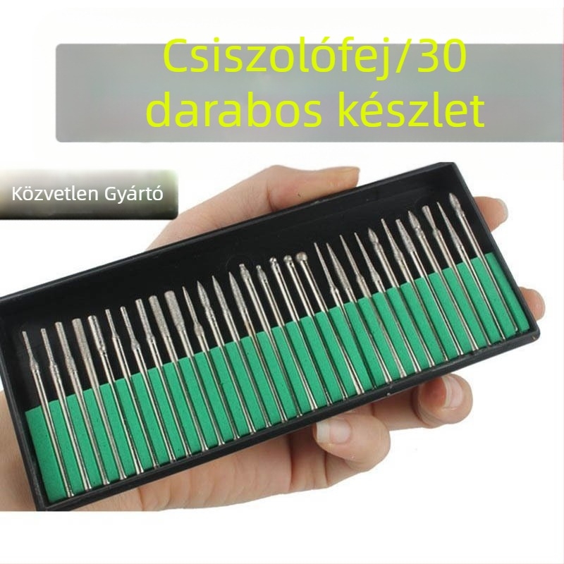 Gyémánt csiszolófejek, 30 darabos készlet zöld dobozban, 2,35/3,0 mm szárú, manikűrhöz