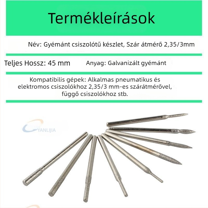 Gyémánt csiszolófejek, 30 darabos készlet zöld dobozban, 2,35/3,0 mm szárú, manikűrhöz