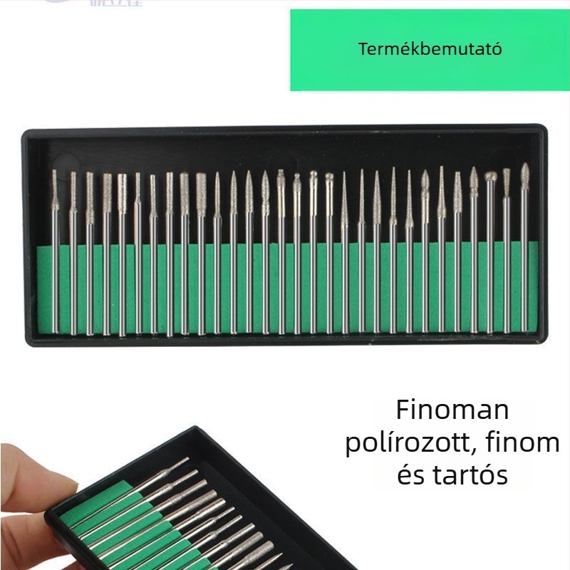 Gyémánt csiszolófejek, 30 darabos készlet zöld dobozban, 2,35/3,0 mm szárú, manikűrhöz