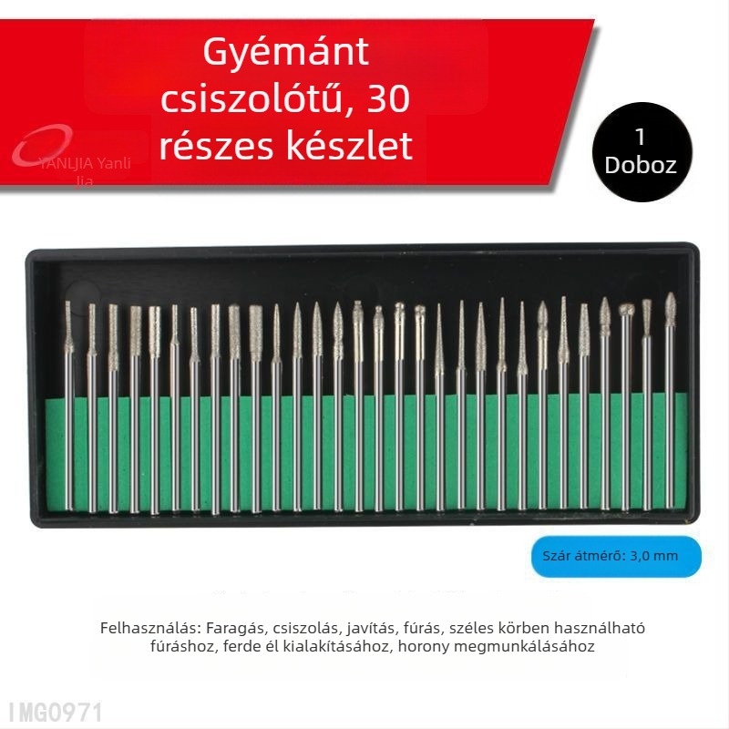 Gyémánt csiszolófejek, 30 darabos készlet zöld dobozban, 2,35/3,0 mm szárú, manikűrhöz