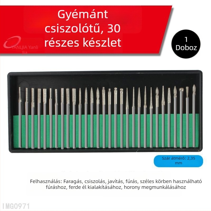 Gyémánt csiszolófejek, 30 darabos készlet zöld dobozban, 2,35/3,0 mm szárú, manikűrhöz